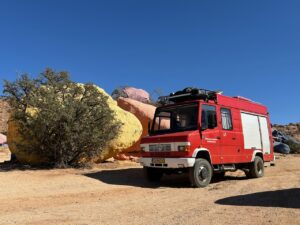 Brutus naast gele en roze painted rocks Marokko